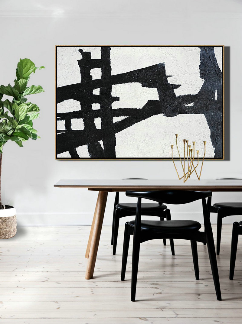 Abstract Art Decor,Contemporary Painting,Hand Painted Oversized Horizontal Minimal Art On Canvas, Black And White Minimalist Painting,Decorating A Big Living Room #N0C0